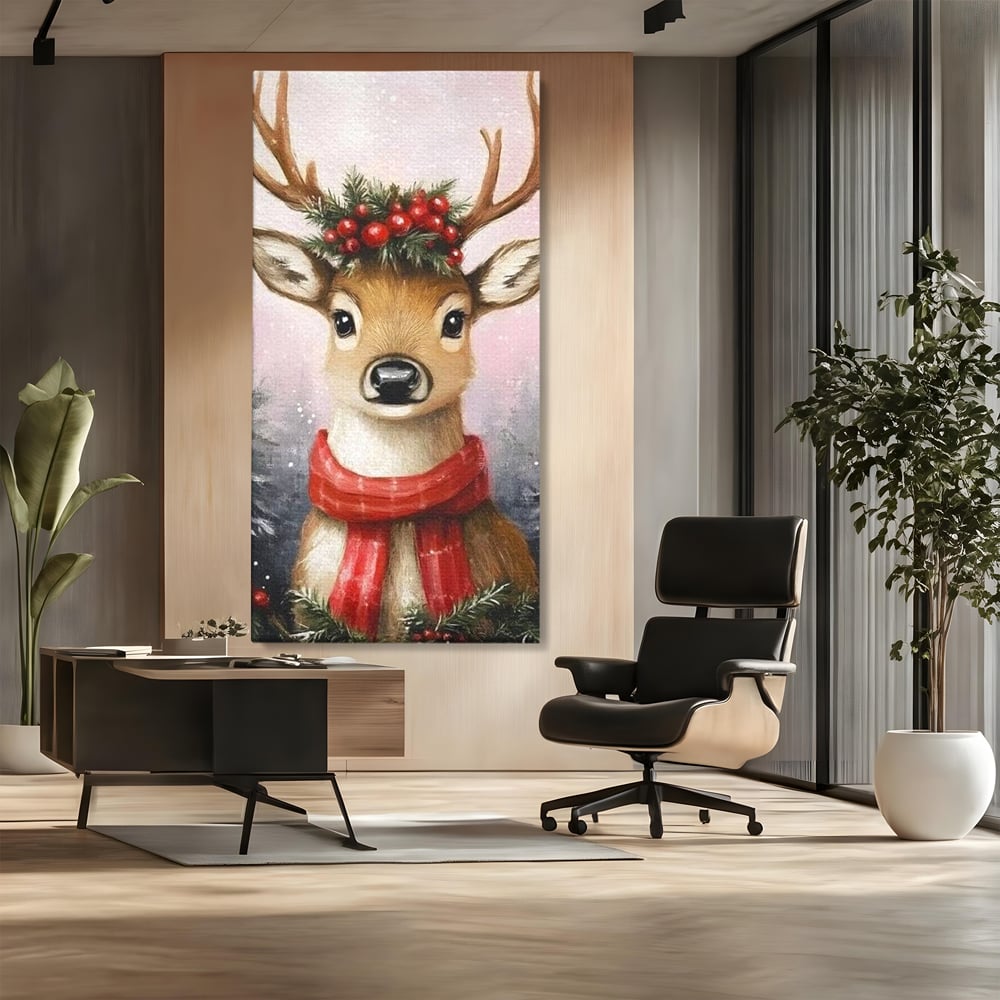 Tablou canvas cu tablou canvas cu ren festiv, fara rama, pe sasiu de lemn, pe perete intr-un birou